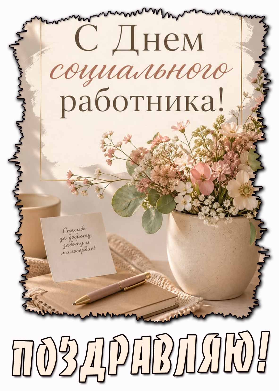 Открытка "С днём социального работника! Спасибо за доброту, заботу и милосердие! Поздравляю!"