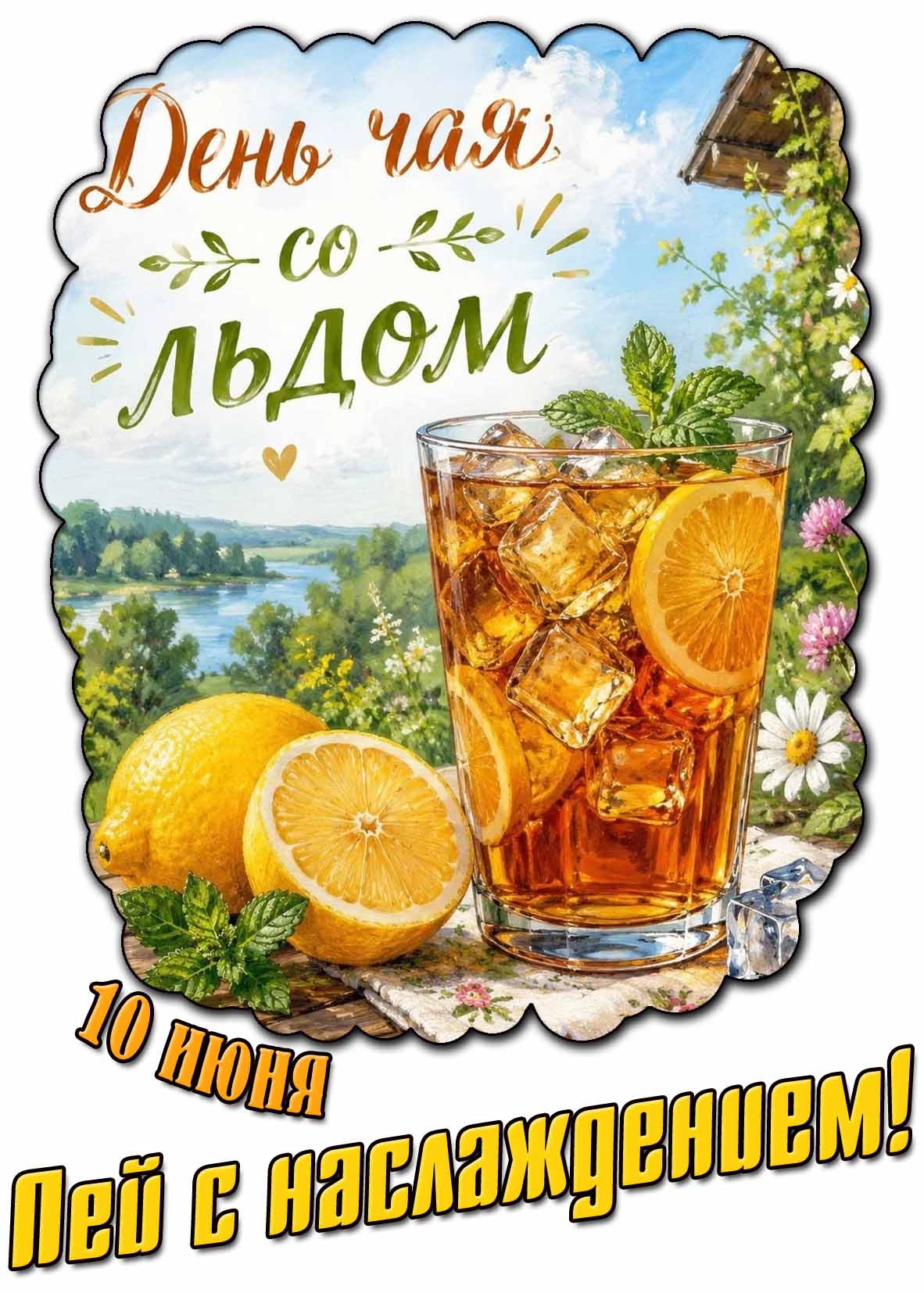 Открытка "10 июня - день чая со льдом! Пей с наслаждением!"