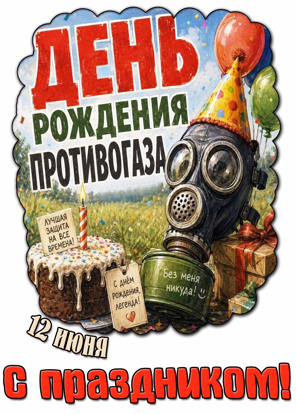 Открытка "12 июня - день рождения противогаза! Лучшая защита на все времена! С праздником!"