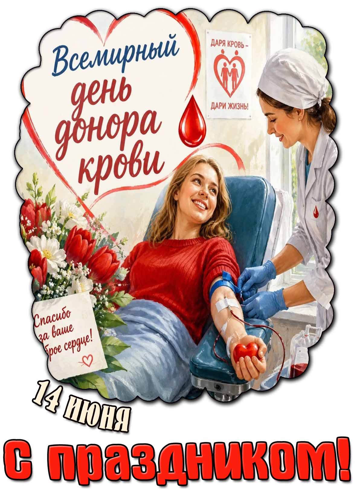 Открытка 14 июня - всемирный день донора крови! Спасибо за ваше доброе сердце! С праздником!