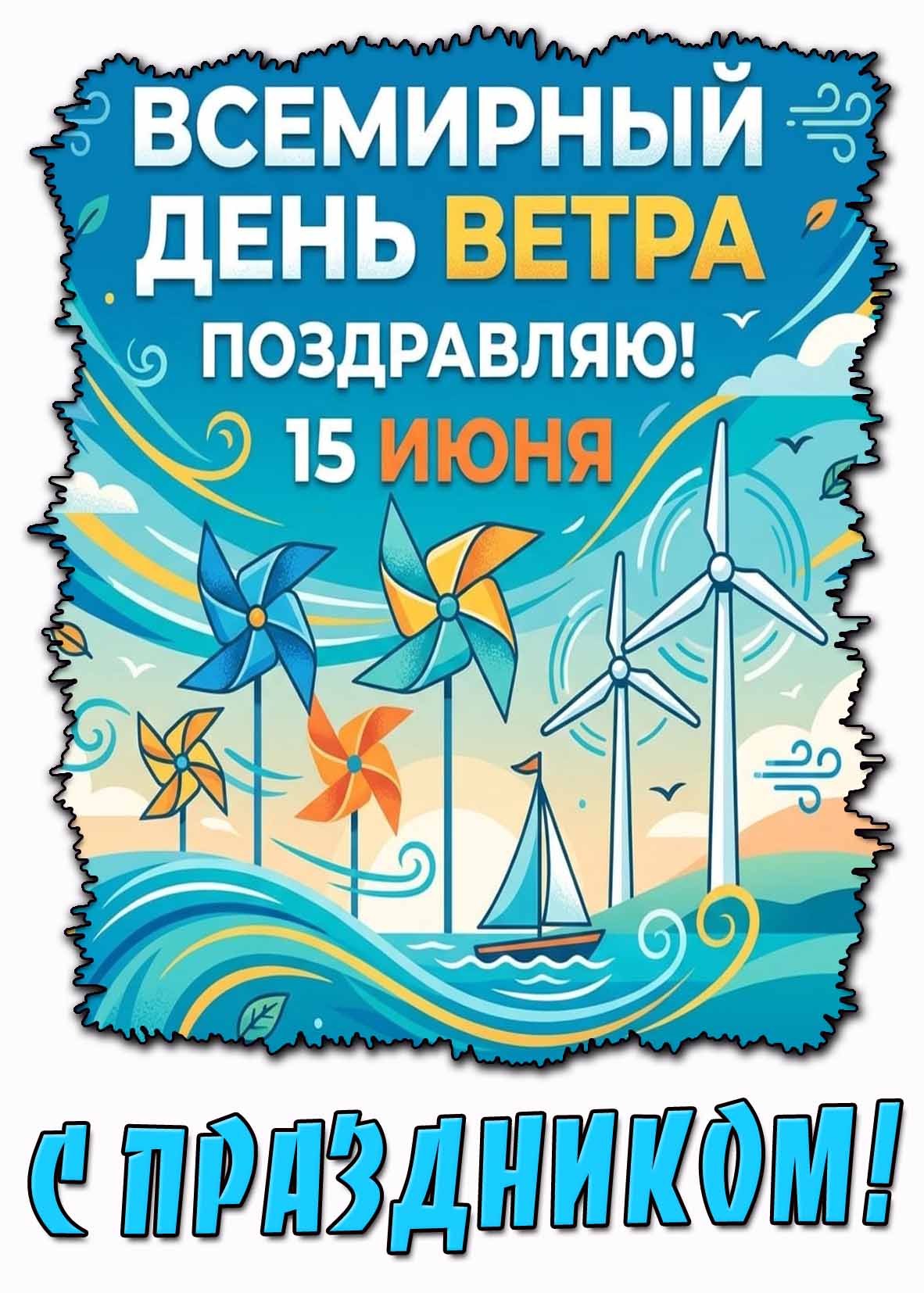 Открытка "15 июня - Всемирный день ветра! Поздравляю! С праздником!"