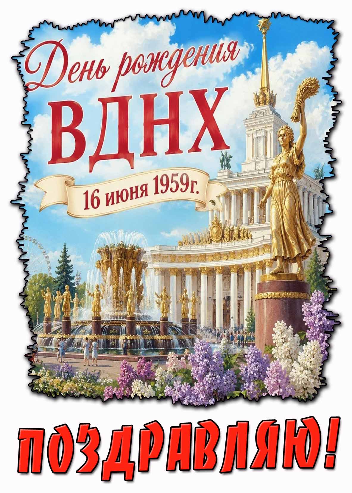 Открытка "16 июня 1959 года - день рождения ВДНХ! Поздравляю!"