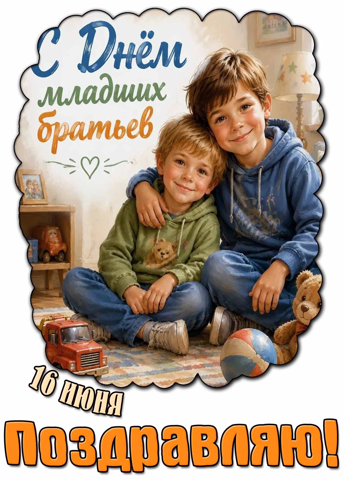 Открытка 16 июня - с днём младших братьев! Поздравляю!