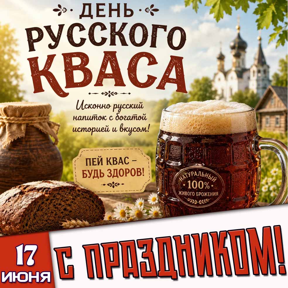 Открытка "17 июня - день русского кваса! Исконно русский напиток с богатой историей м вкусом! Пей квас - будь здоров! С праздником!"