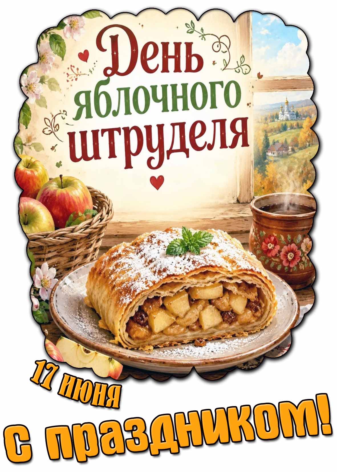 Открытка "17 июня - день яблочного штруделя! С праздником!"