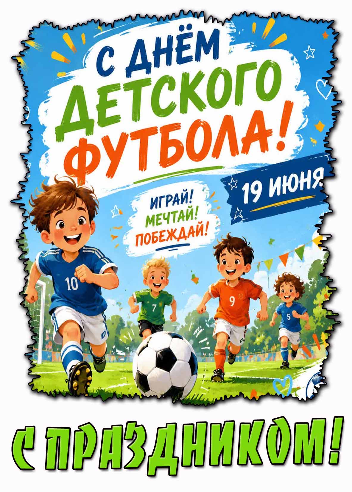 Открытка "19 июня - с днём детского футбола! Играй! Мечтай! Побеждай! С праздником!"