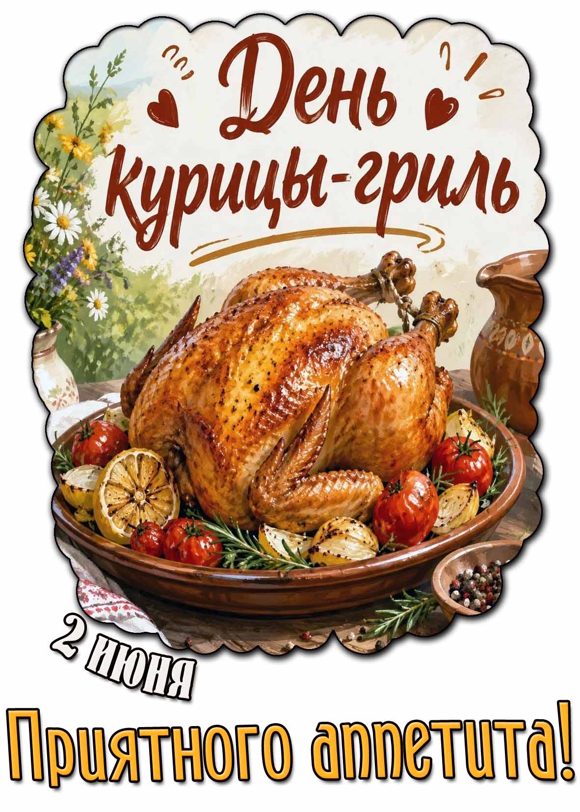 Открытка "2 июня - день курицы-гриль! Приятного аппетита!"