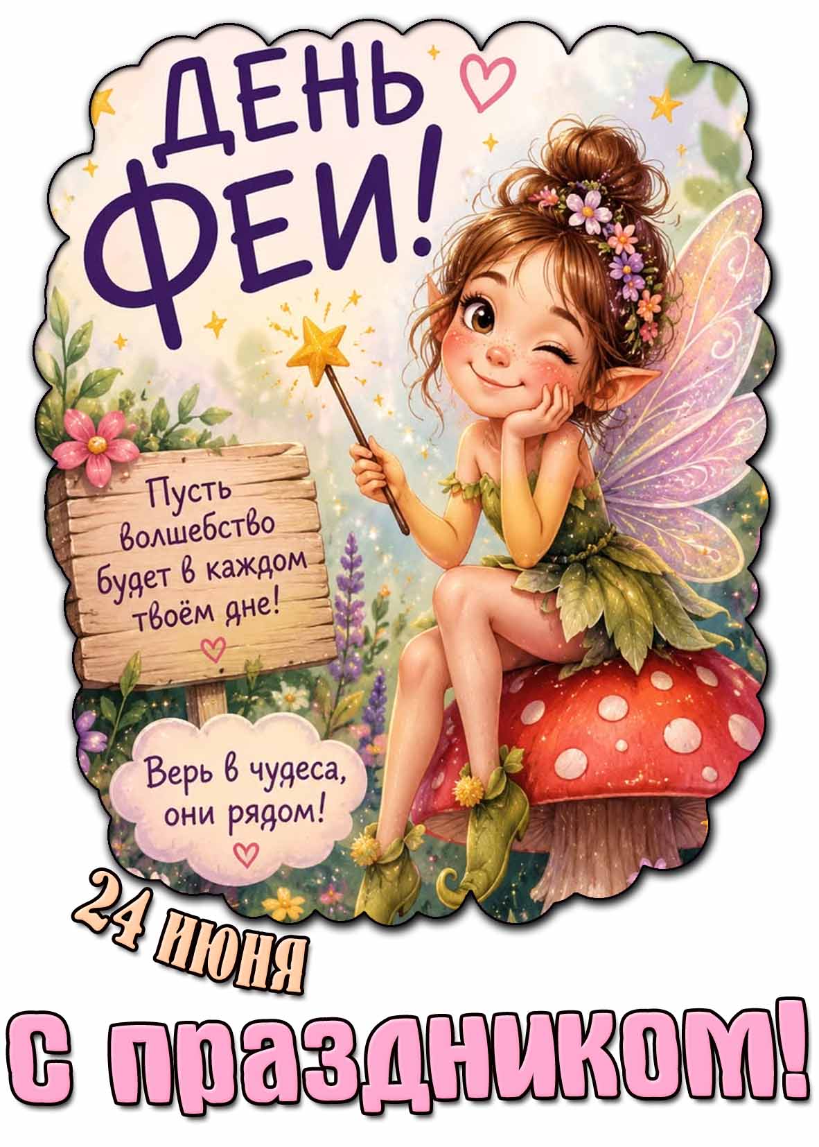 Открытка "24 июня - день феи! Пусть волшебство будет в каждом твоём дне! Верь в чудеса, они рядом! С праздником!"