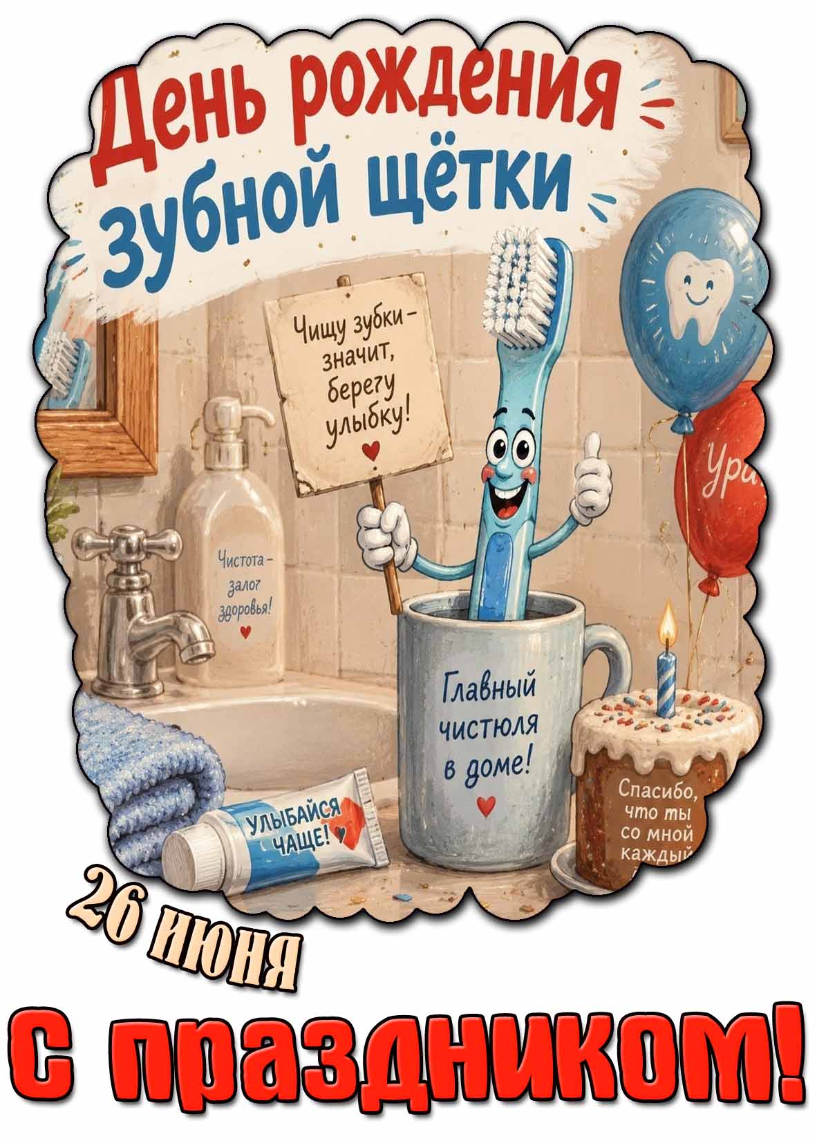 Прикольная открытка "26 июня - день рождения зубной щётки! Улыбайся чаще! С праздником!"