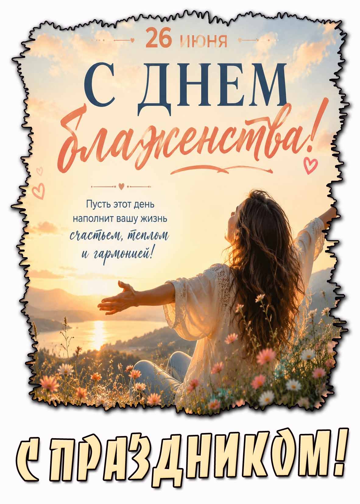 Открытка "26 июня - с днём блаженства! Пусть этот день наполнит вашу жизнь счастьем, теплом и гармонией! С праздником!"