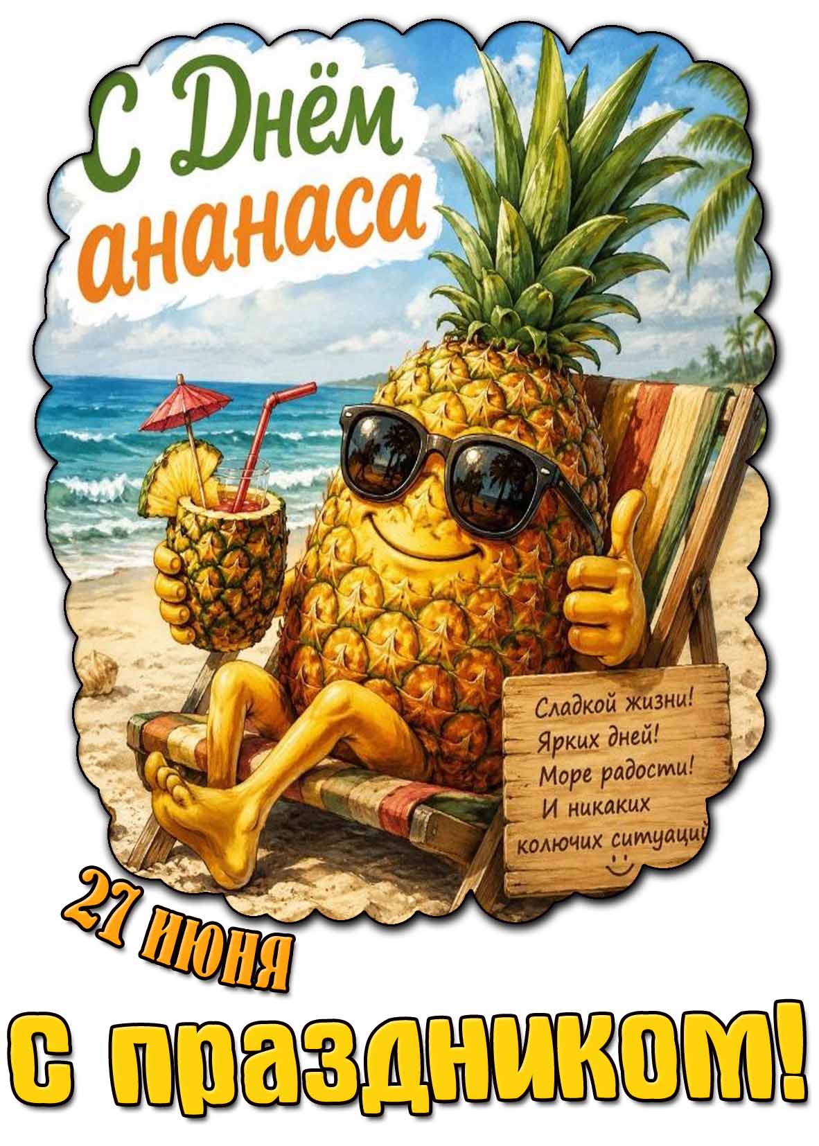 Открытка 27 июня - с днём ананаса! Сладкой жизни! Ярких дней! Море радости! И никаких колючих ситуаций! С праздником!