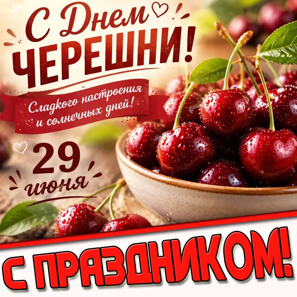 Открытка 29 июня - с днём черешни! Сладкого настроения и солнечных дней! С праздником!