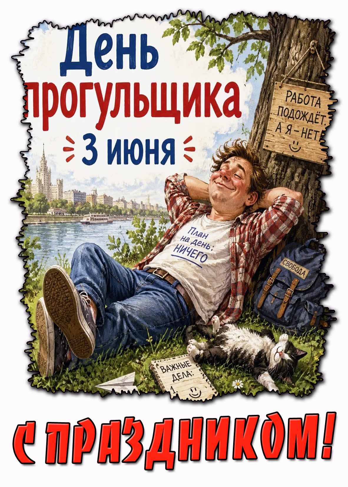 Открытка "3 июня - день прогульщика! Работа подождёт. А я - нет! С праздником!"