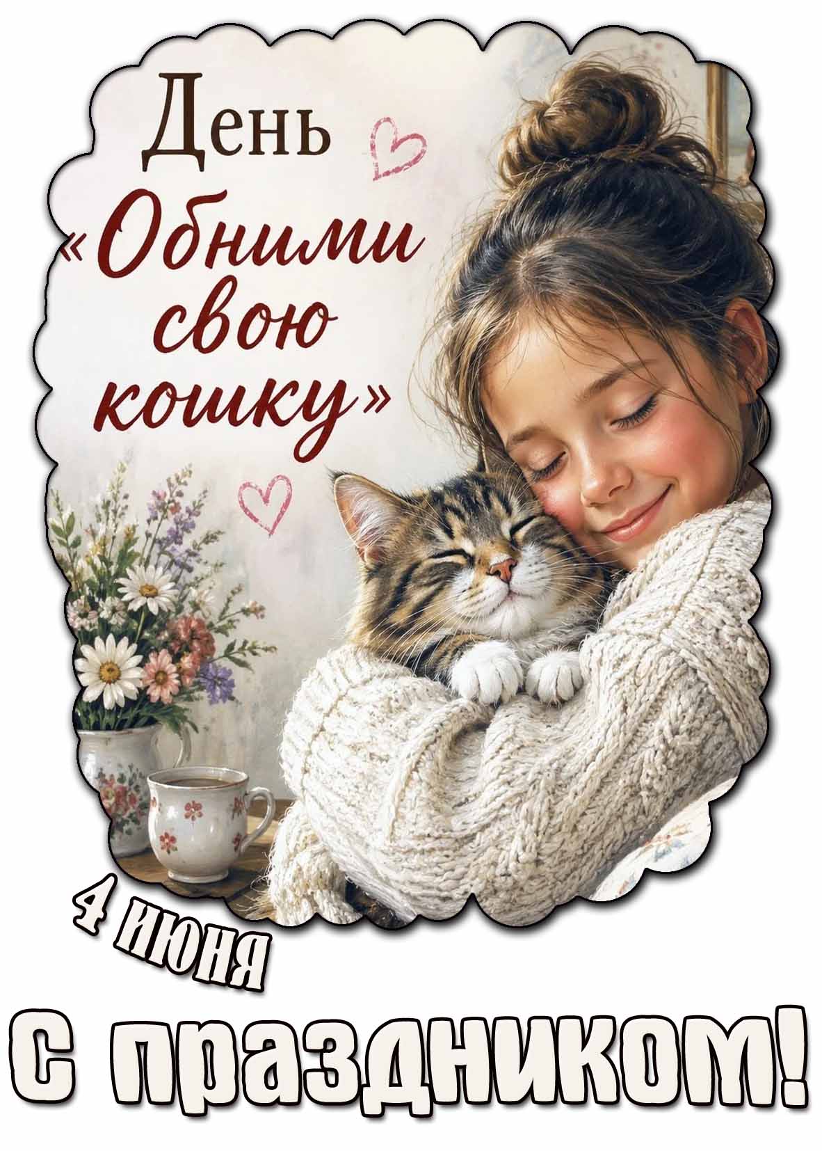 Открытка 4 июня - день обними свою кошку! С праздником!