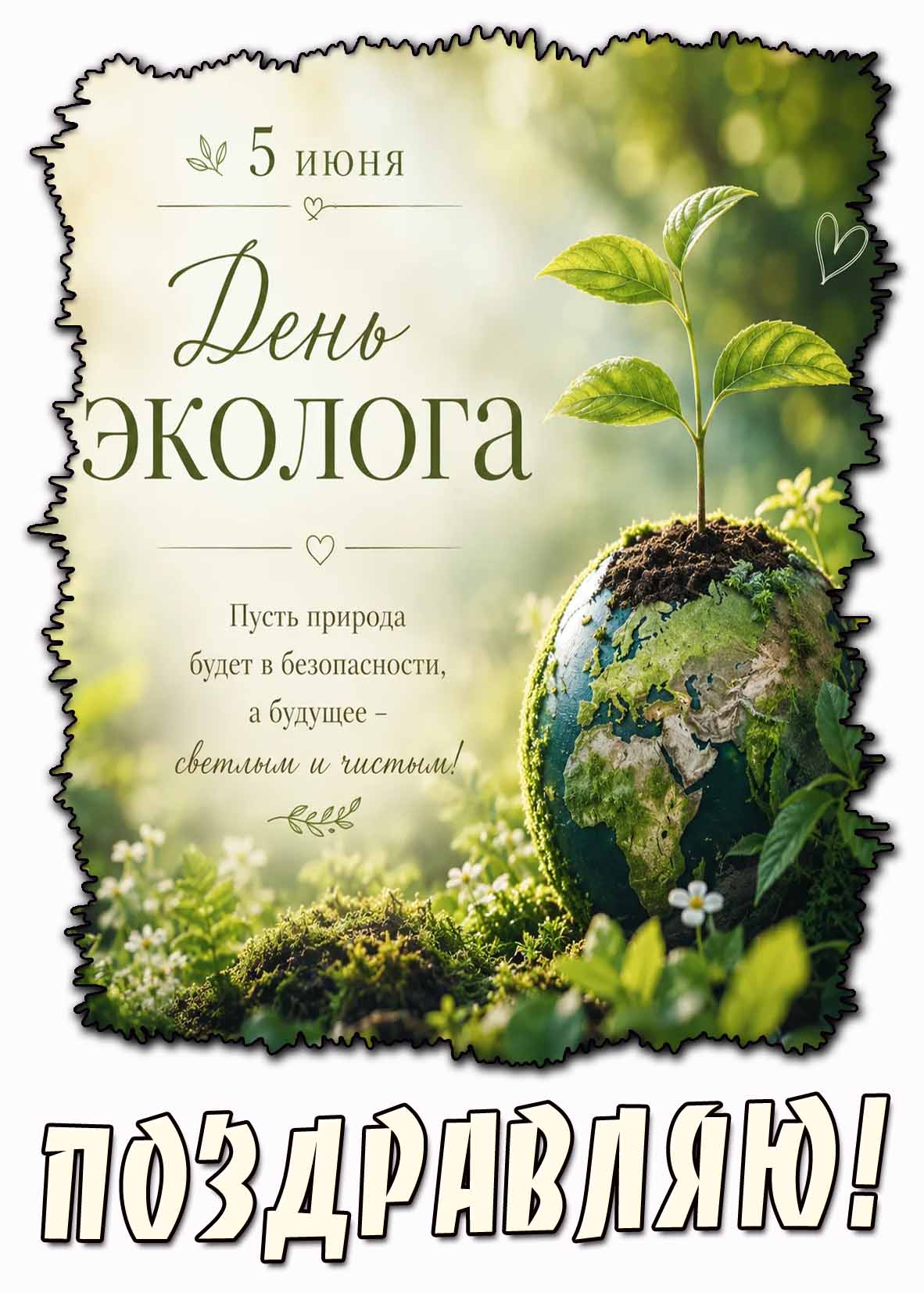 Открытка "5 июня - день эколога! Пусть природа будет в безопасности, а будущее - светлым и чистым! Поздравляю!"