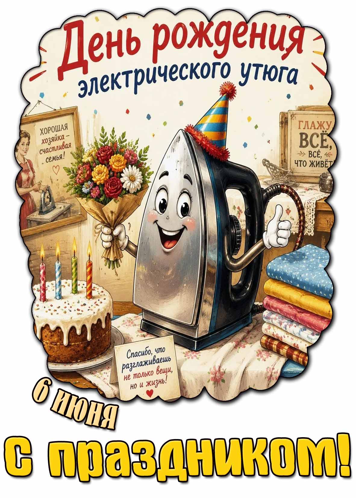 Открытка "6 июня - день рождения электрического утюга! С праздником!"