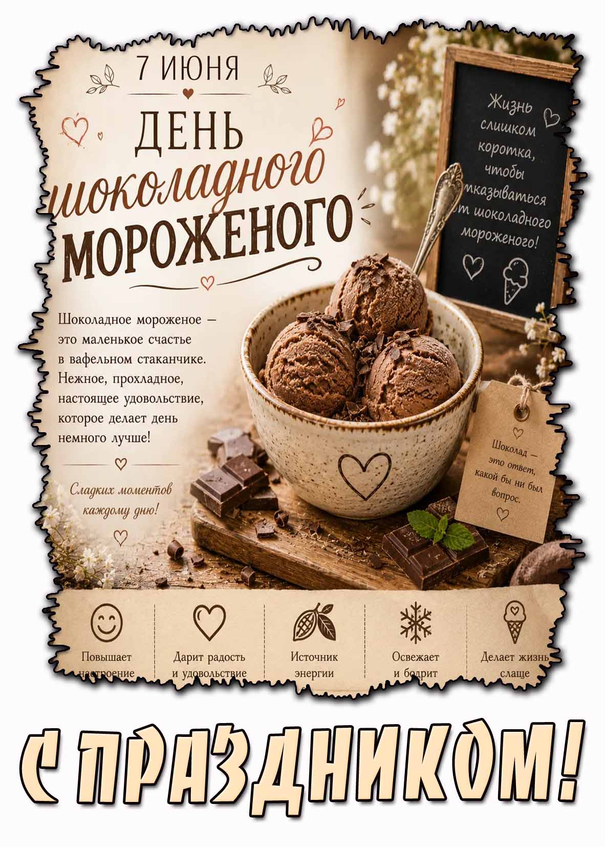 Открытка "7 июня - день шоколадного мороженого! С праздником!"