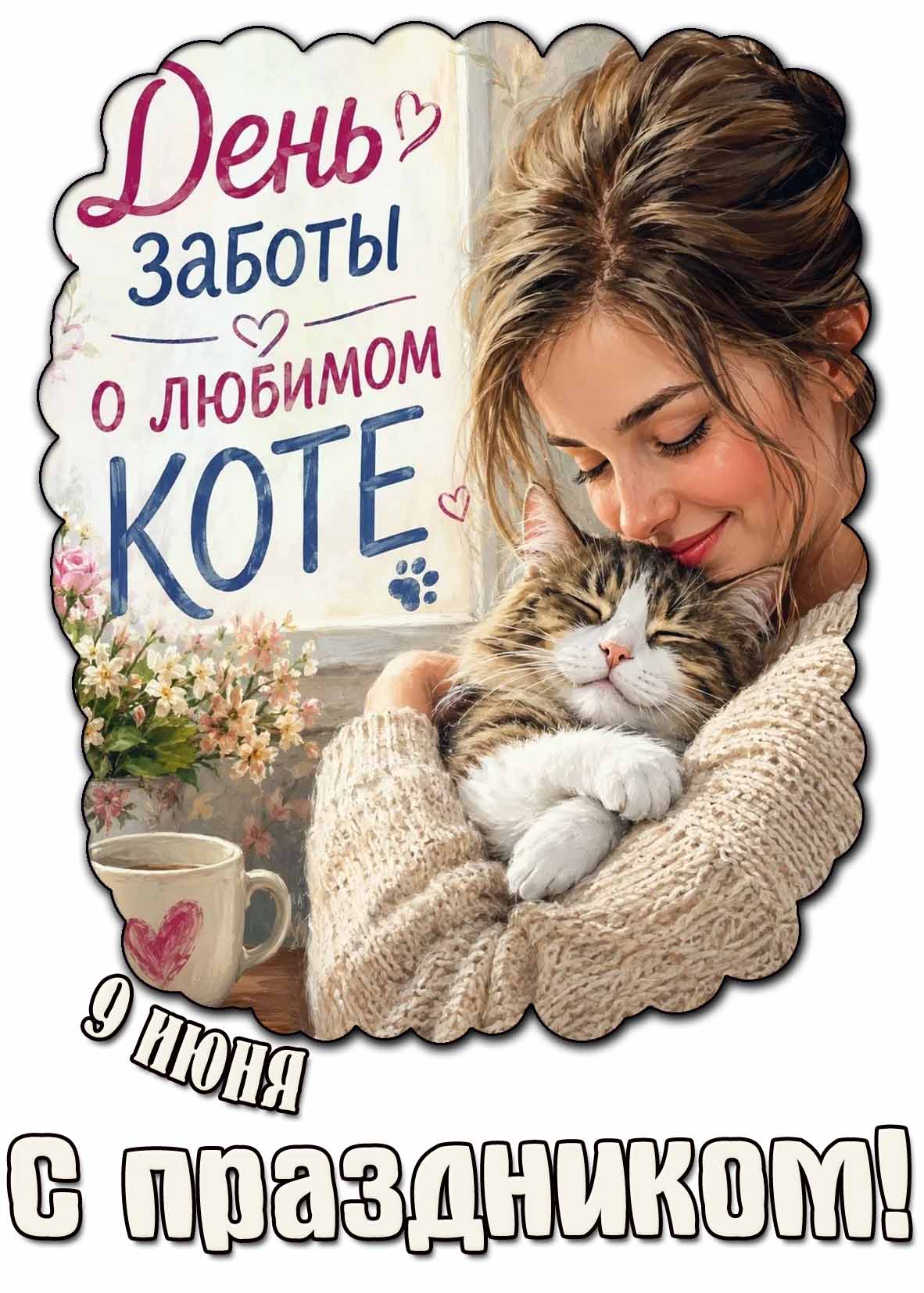 Открытка "9 июня - день заботы о любимом коте! С праздником!"