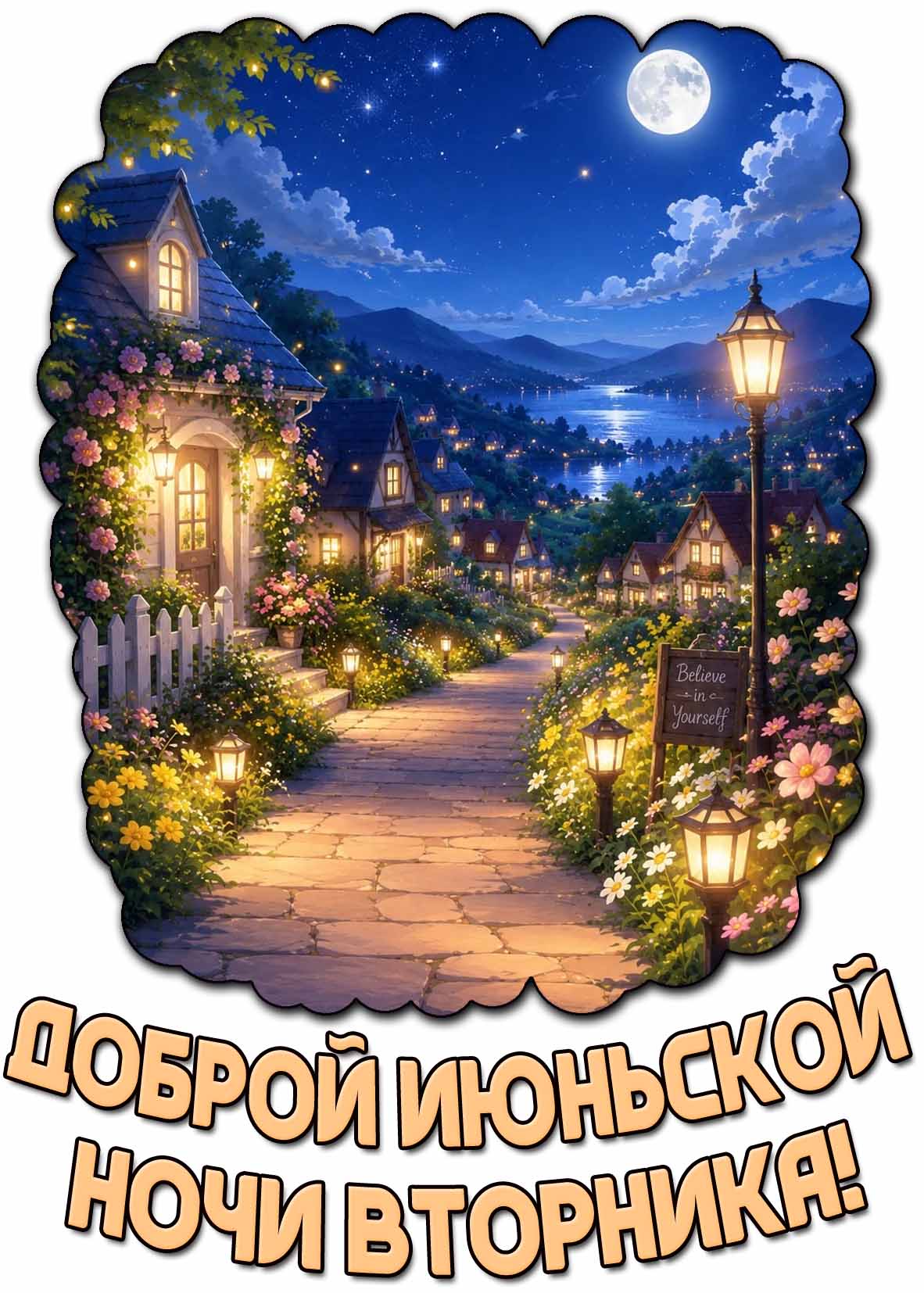 Красивая летняя открытка с цветами и домиками с фонариками на фоне озера и полной луны, чтобы пожелать : Доброй июньской ночи вторника! Открытка доброй июньской ночи вторника