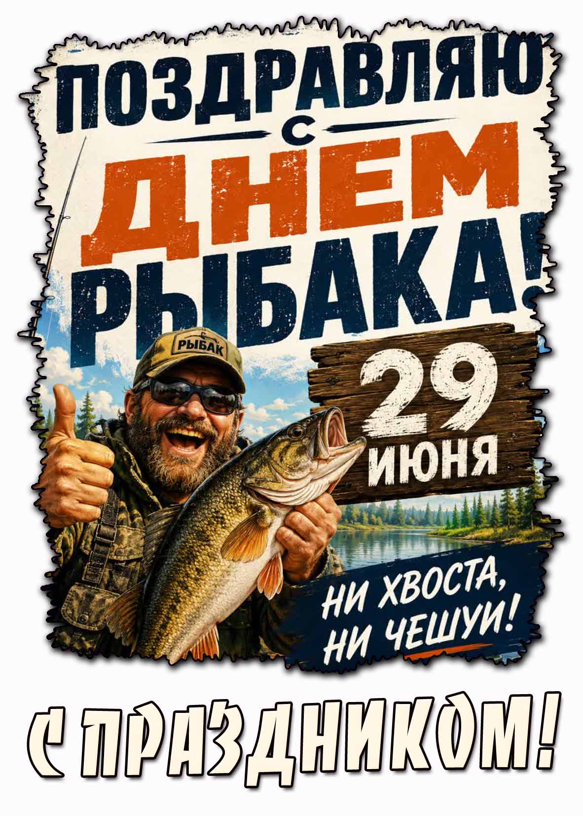 Открытка "Поздравляю с днём рыбака! Ни хвоста, ни чешуи! С праздником!" - 29 июня