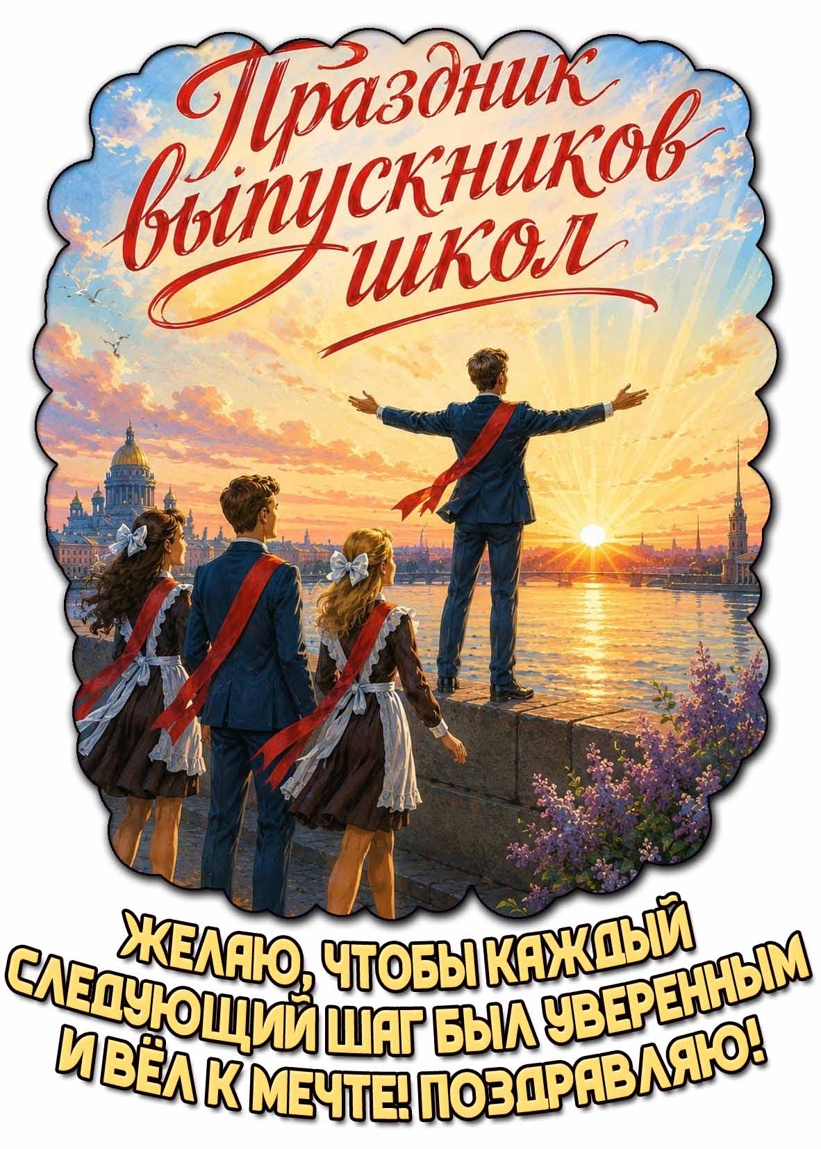 Открытка "Праздник выпускников школ! Желаю, чтобы каждый следующий шаг был уверенным и вёл к мечте! Поздравляю!"