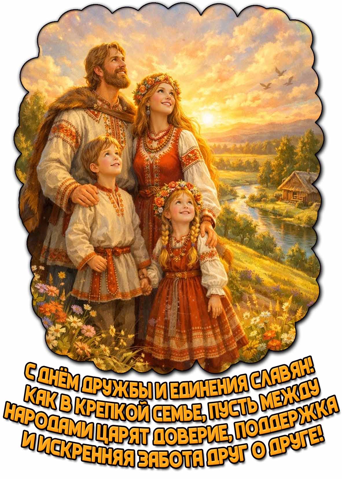 Открытка "С днём дружбы и единения славян! Как в крепкой семье, пусть между народами царят доверие, поддержка и искренняя забота друг о друге!"
