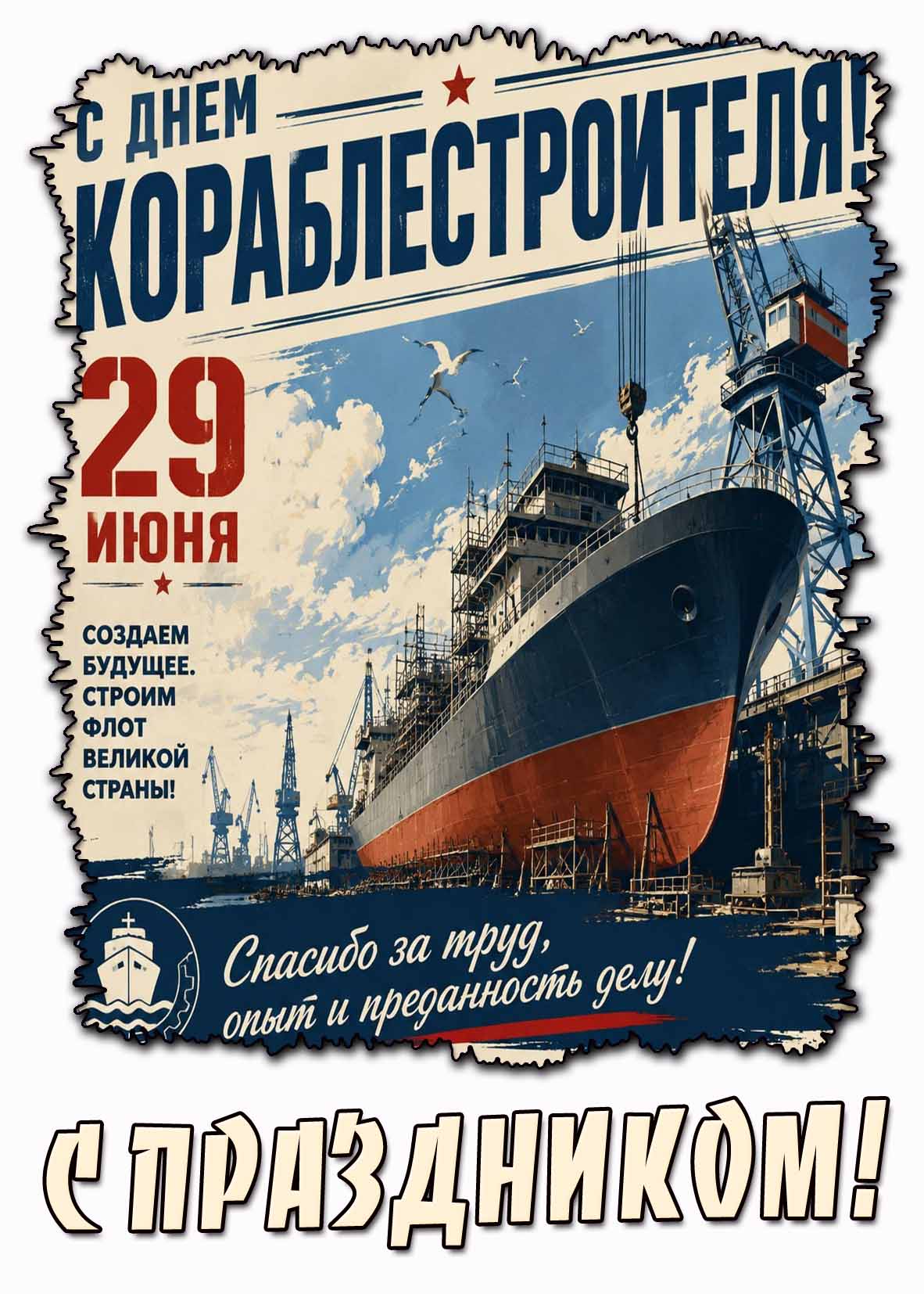 Открытка "С днём кораблестроителя! Спасибо за труд, опыт и преданность делу! С праздником!" - 29 июня