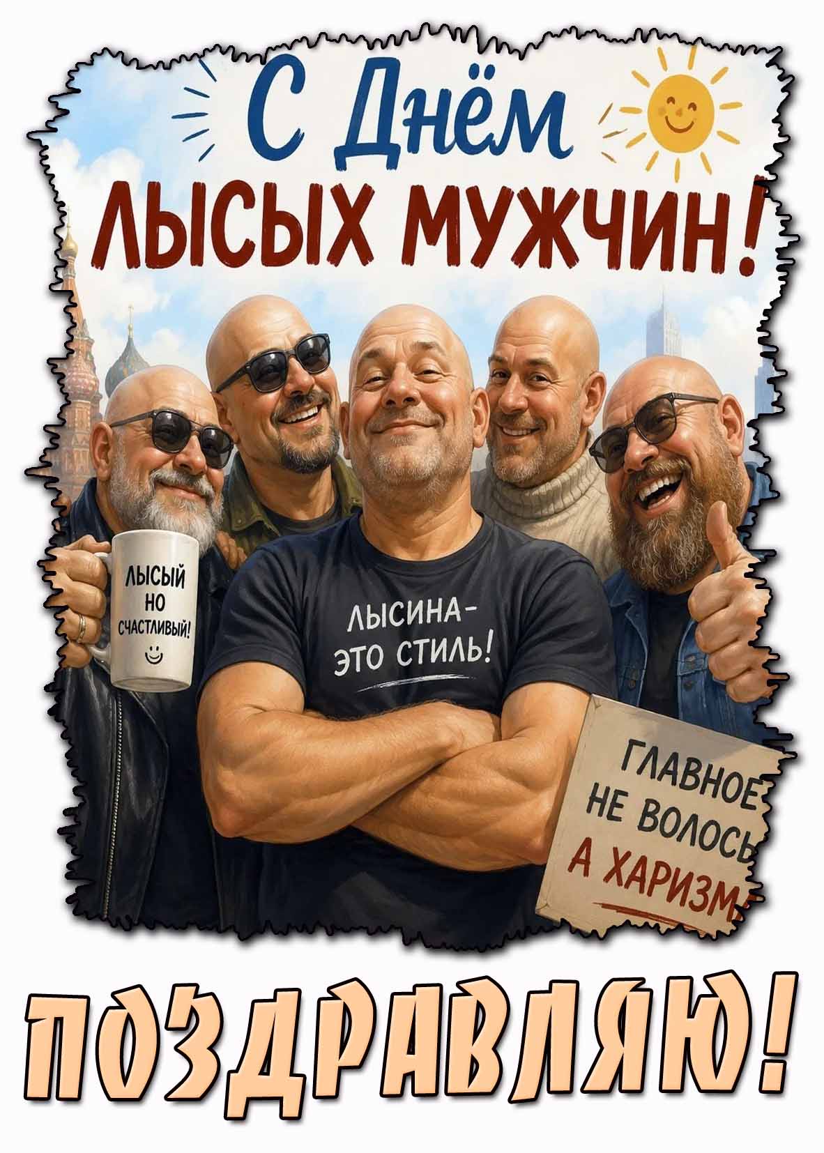 Открытка "С днём лысых мужчин! Лысый, но счастливый! Лысина - это стиль! Поздравляю!"