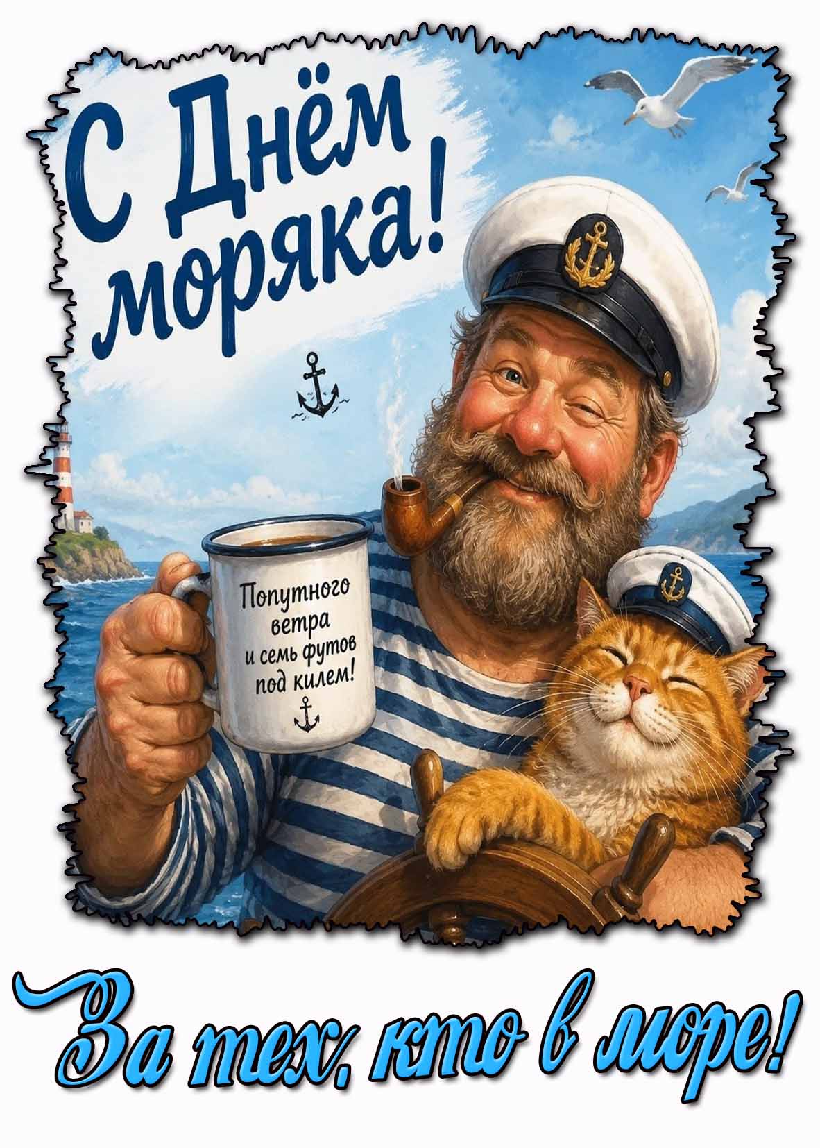 Открытка "С днём моряка! Попутного ветра и семи футов под килем! За тех, кто в море!"