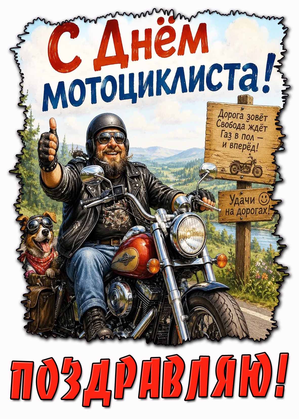 Открытка "С днём мотоциклиста! Удачи на дорогах! Поздравляю!"