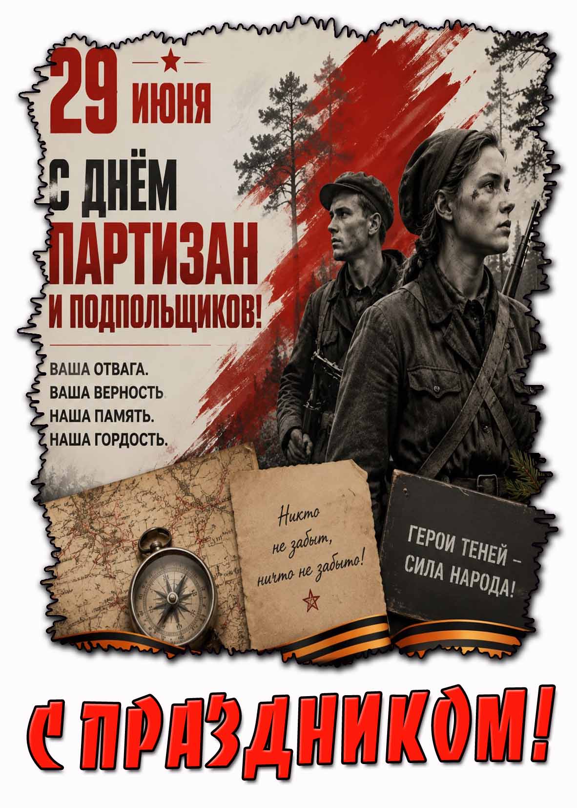 Открытка "С днём партизан и подпольщиков! Герои теней - сила народа! С праздником!"