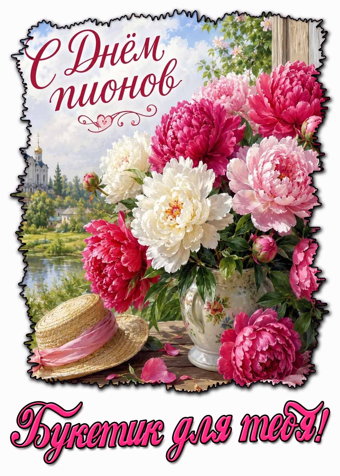 Открытка "С днём пионов! Букетик для тебя!"