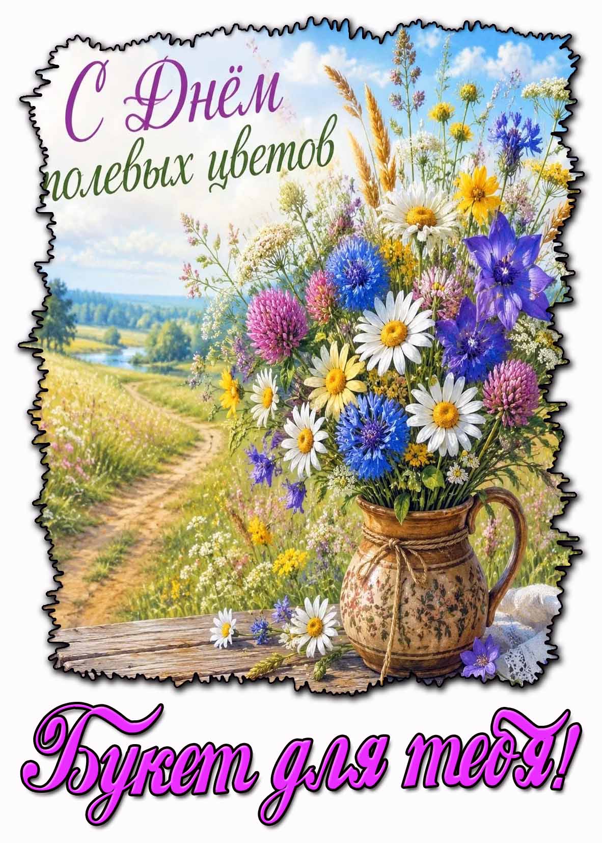 Открытка "С днём полевых цветов! Букет для тебя!"