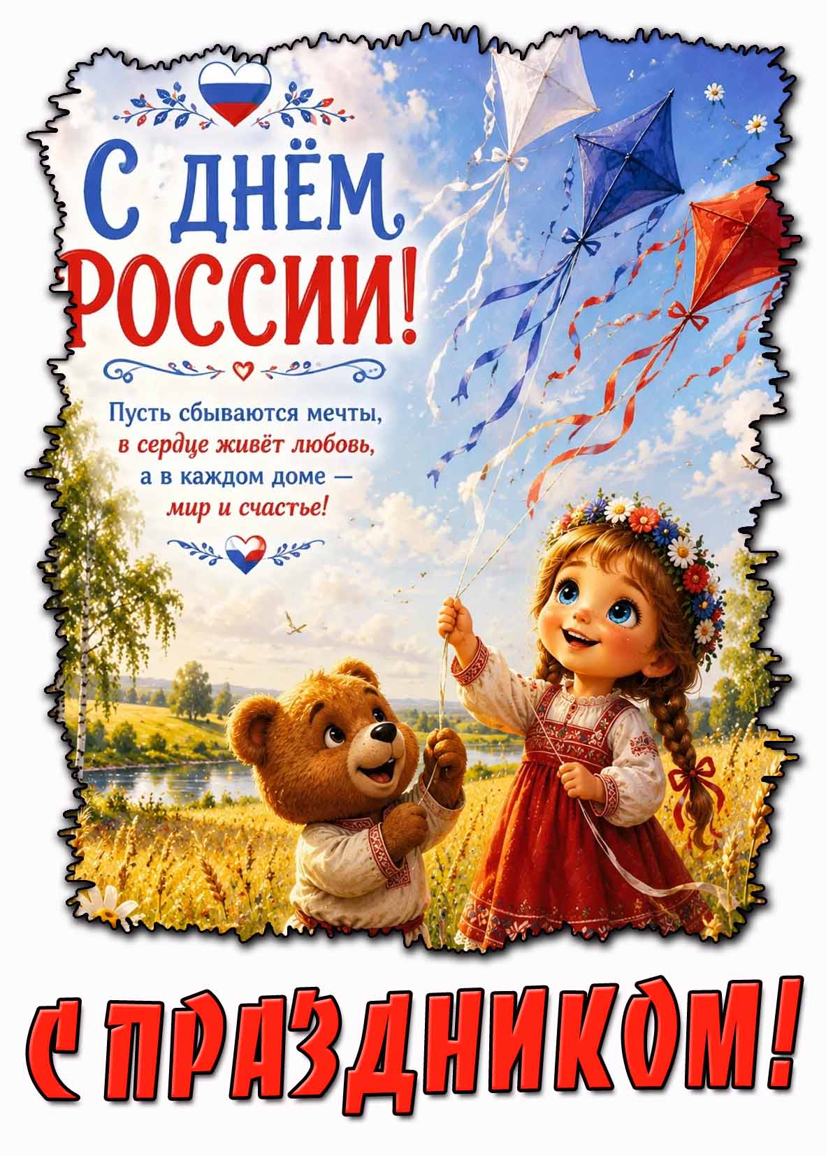 Открытка "С днём России! Пусть сбываются мечты, в сердце живёт любовь, а в каждом доме мир и счастье! С Праздником!"