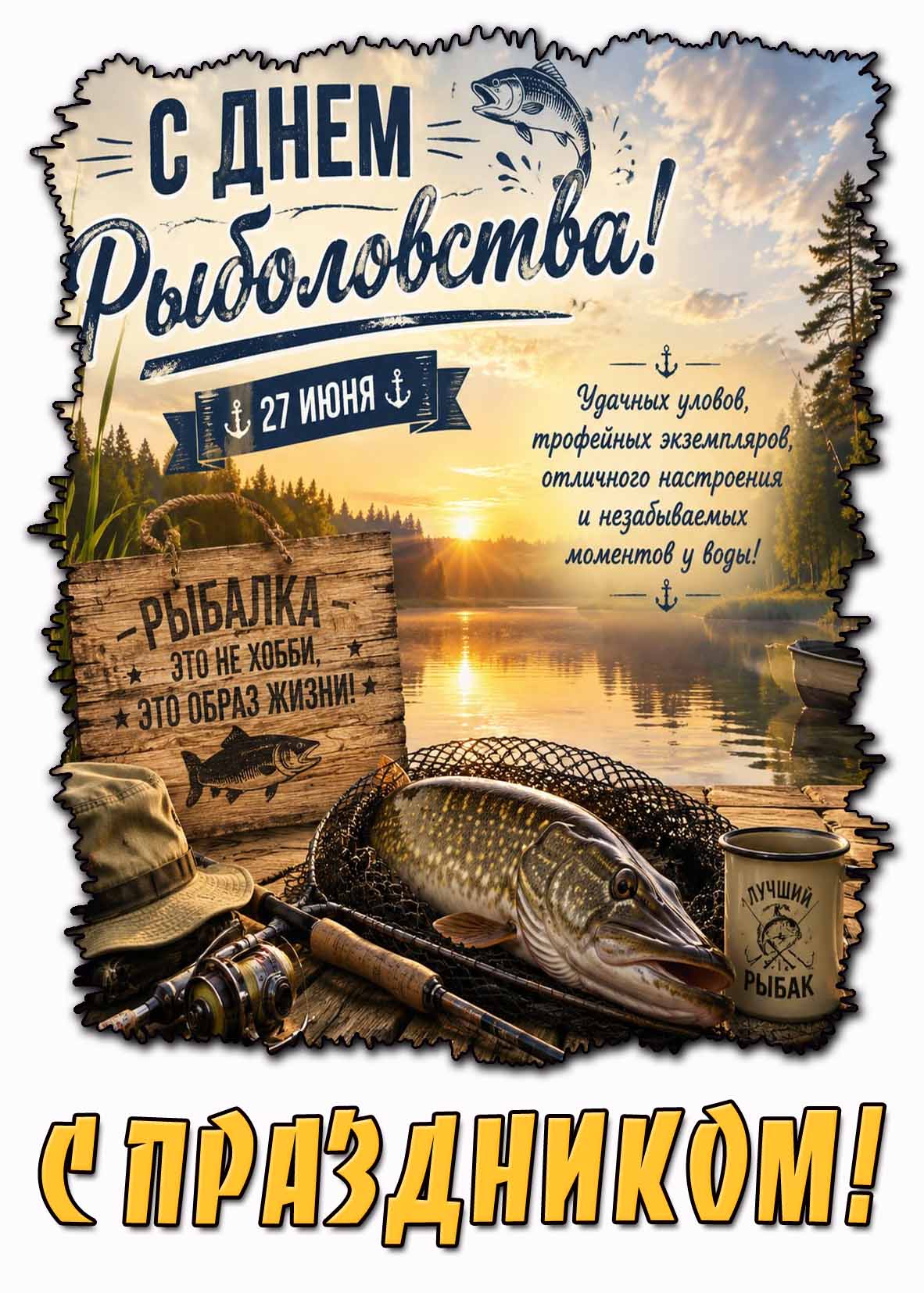 Открытка "С днём рыболовства! С праздником! Рыбалка - это не хобби, это образ жизни!" - 27 июня