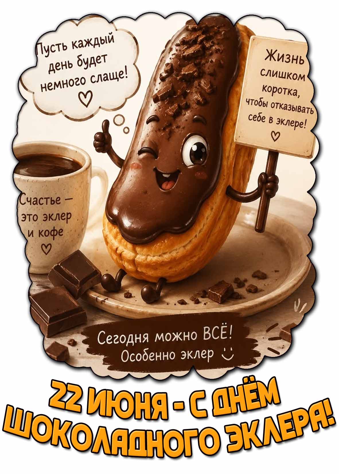 Открытка "С днём шоколадного эклера! Пусть каждый день будет немного слаще!" - 22 июня