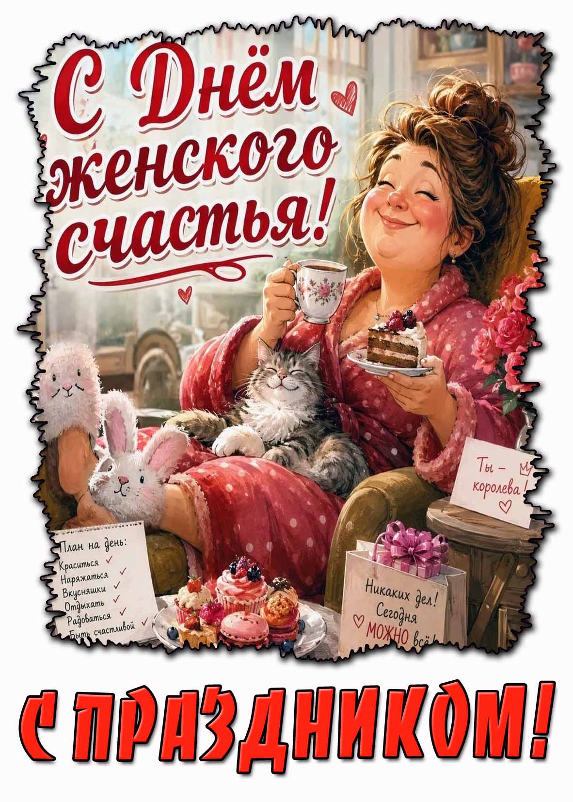 Прикольная открытка "С днём женского счастья! Ты - королева! С праздником!"
