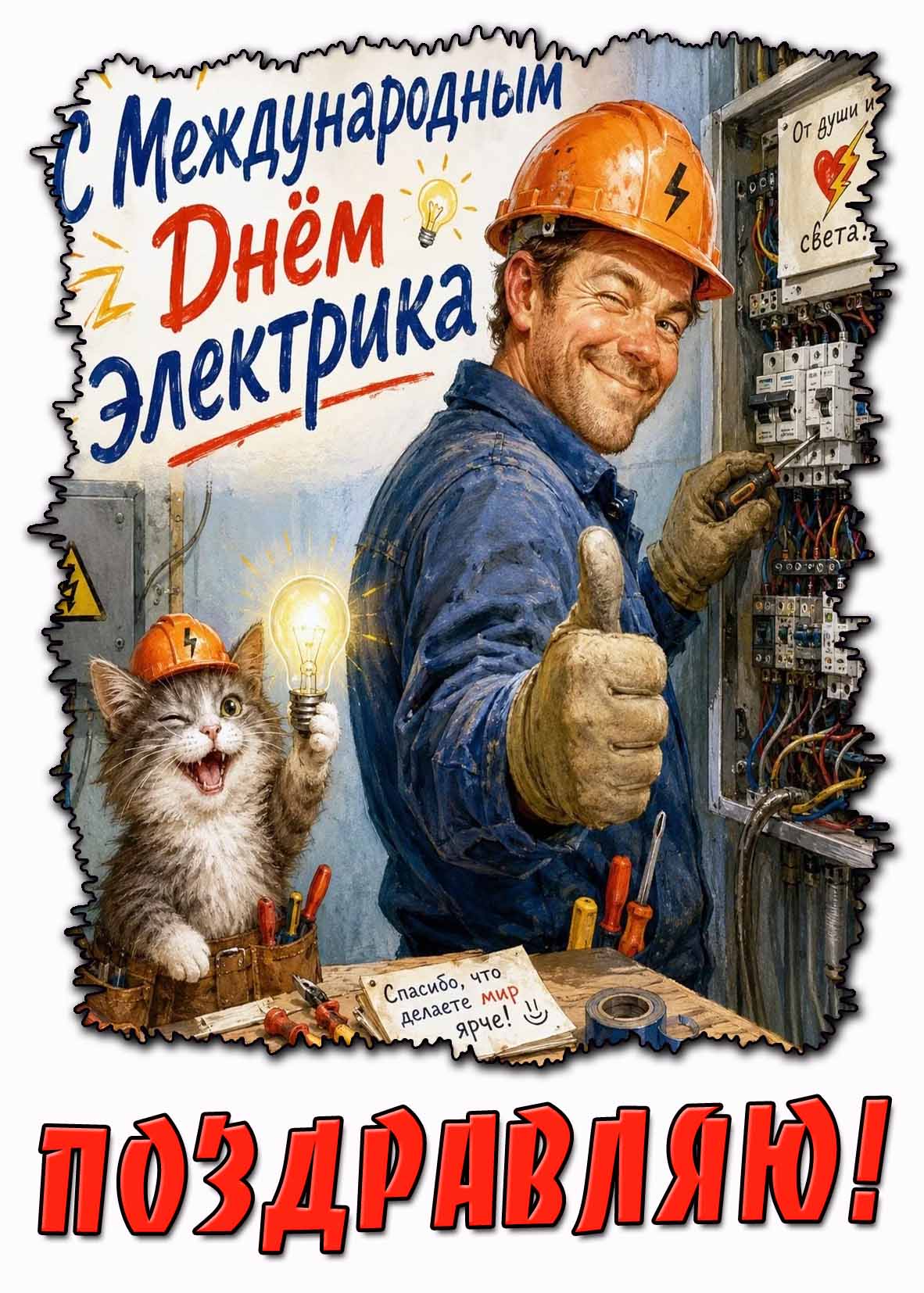 Открытка "С Международным днём электрика! Спасибо, что делаете мир ярче! Поздравляю!"
