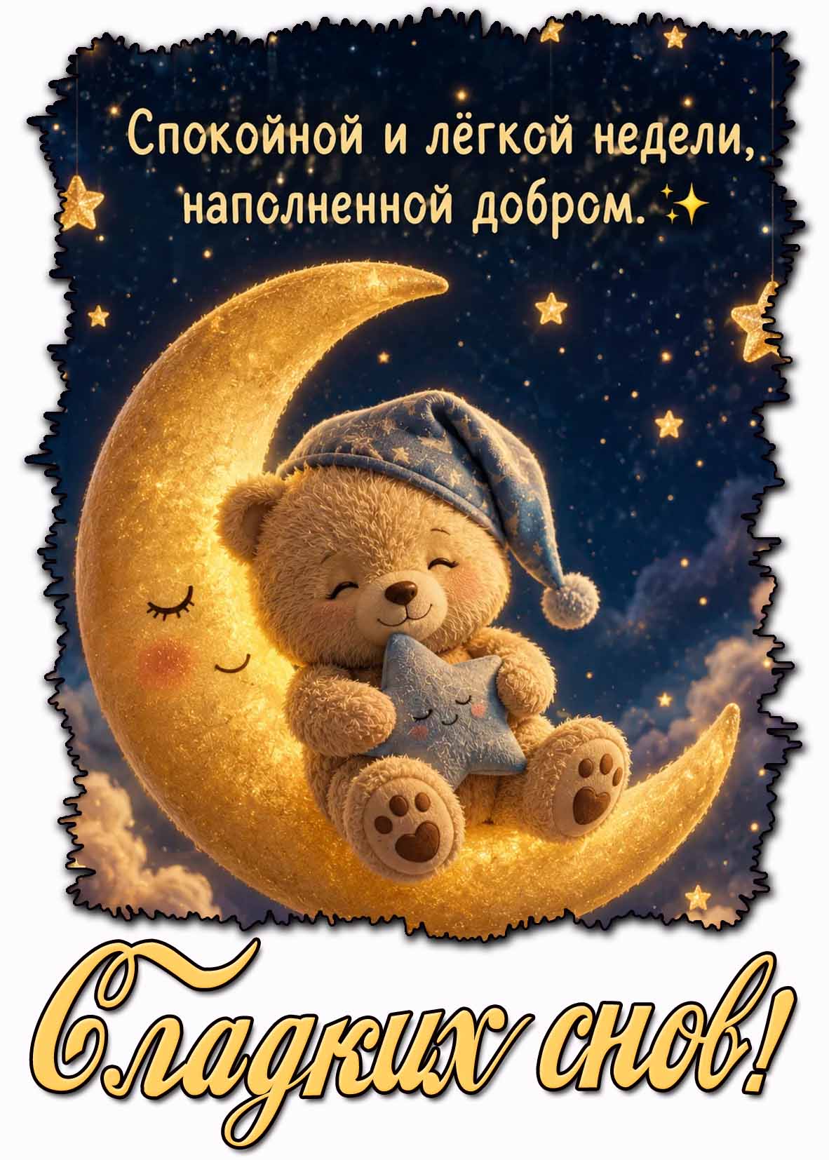 Открытка с мультяшным медвежонком, спящим на полумесяце на фоне звёзд и надписью, чтобы пожелать : Сладких снов! Спокойной и лёгкой недели наполненной добром! Открытка "Сладких снов! Спокойной и лёгкой недели наполненной добром!"