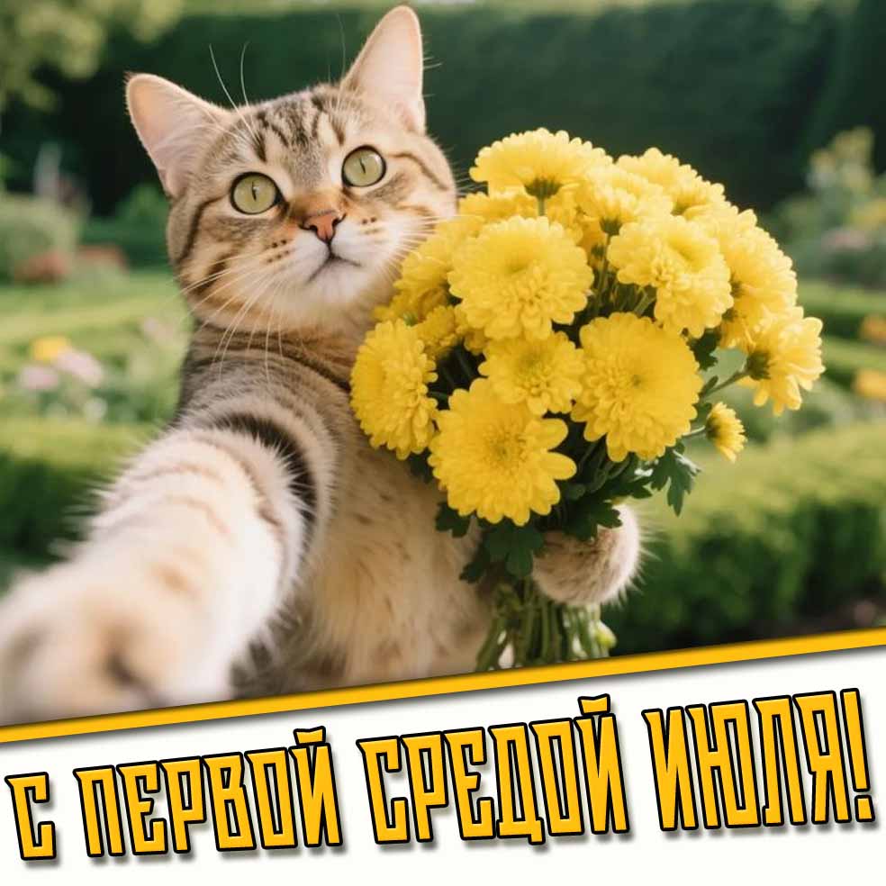 С первой средой июля! - прикольная открытка с котом