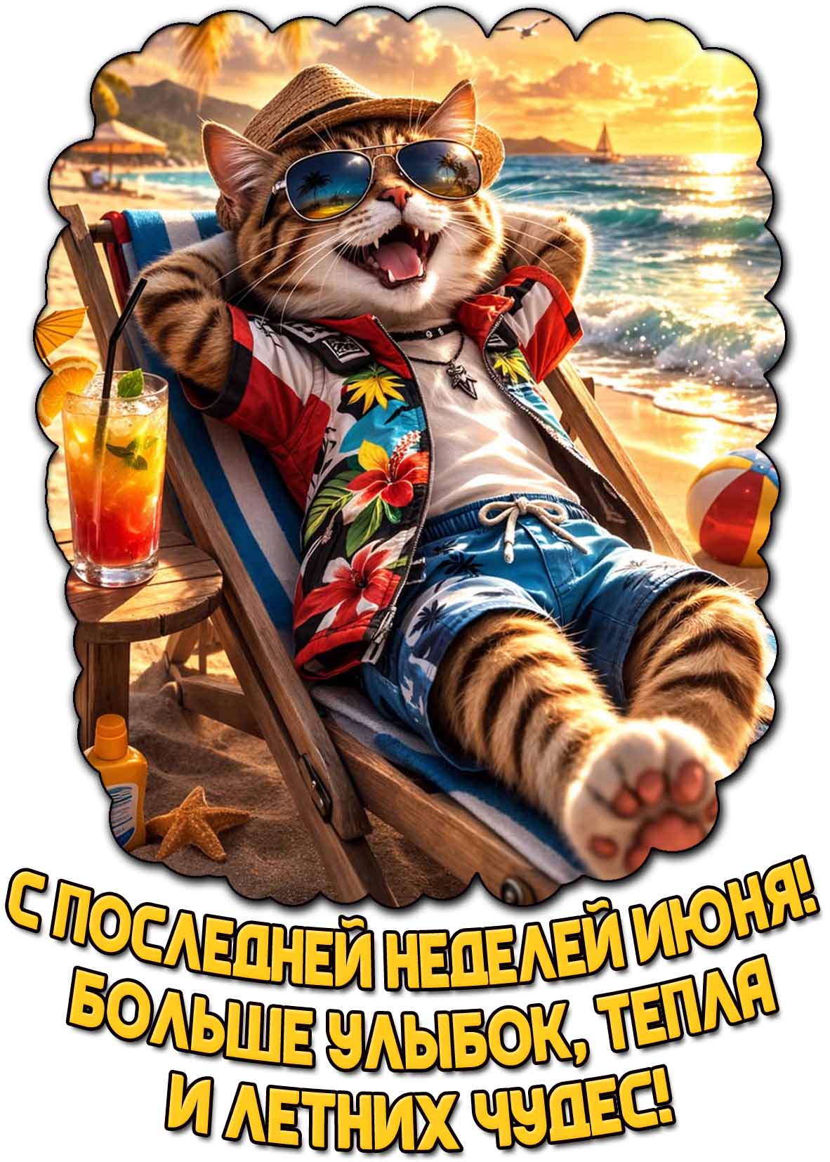 Прикольная открытка "С последней неделей июня! Больше улыбок, тепла и летних чудес!"