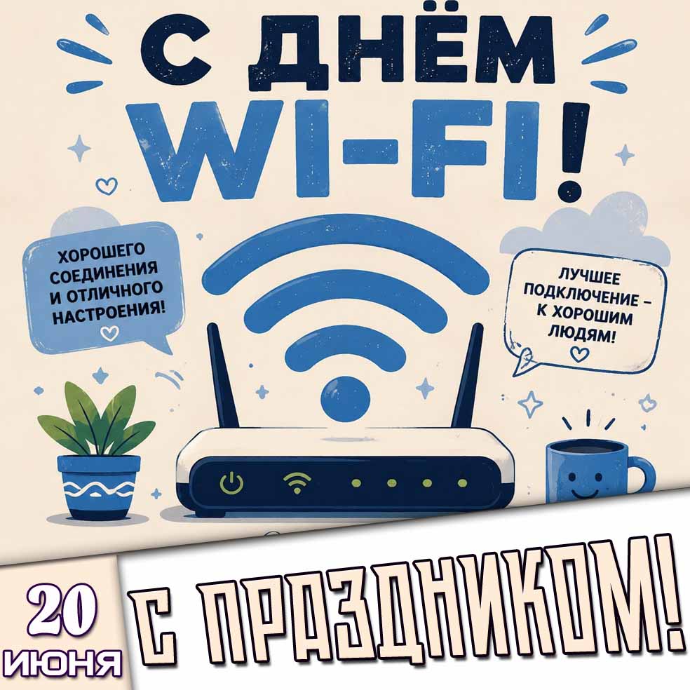 Поздравительная открытка 20 июня - с днём Wi-Fi! С праздником!