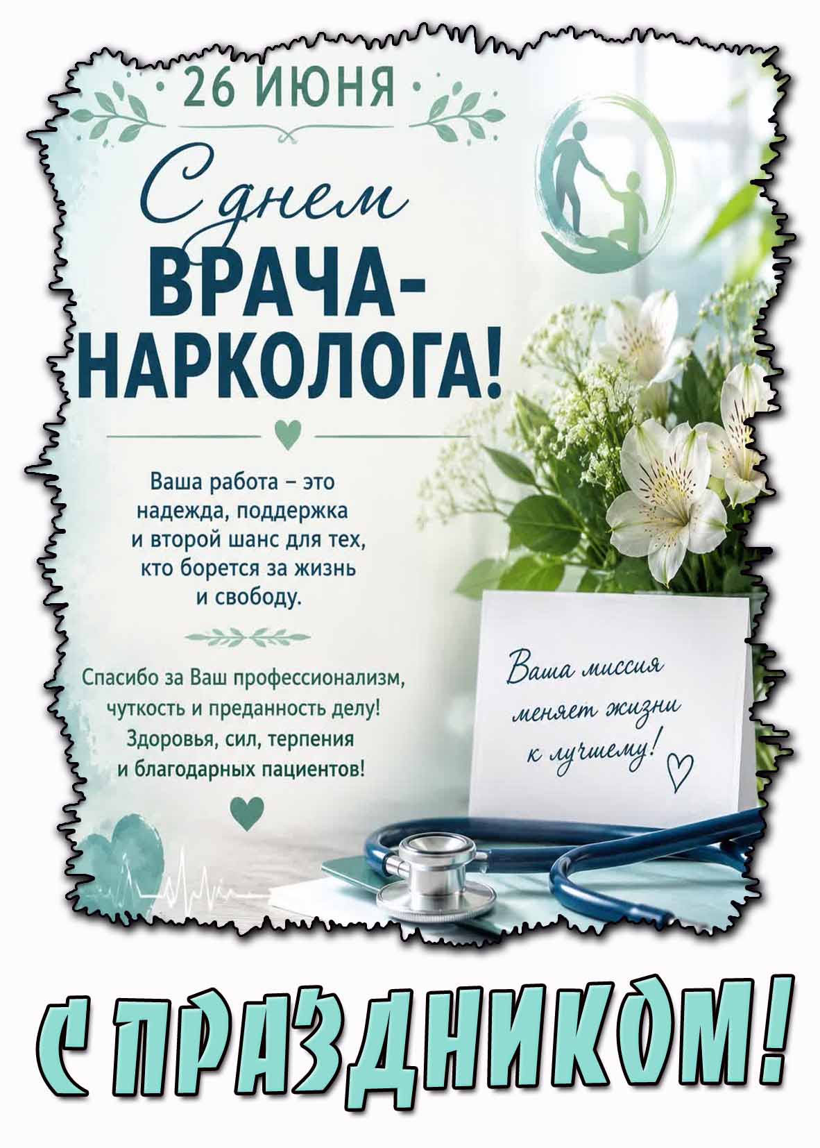 Поздравительная открытка 26 июня - с днём врача-нарколога!