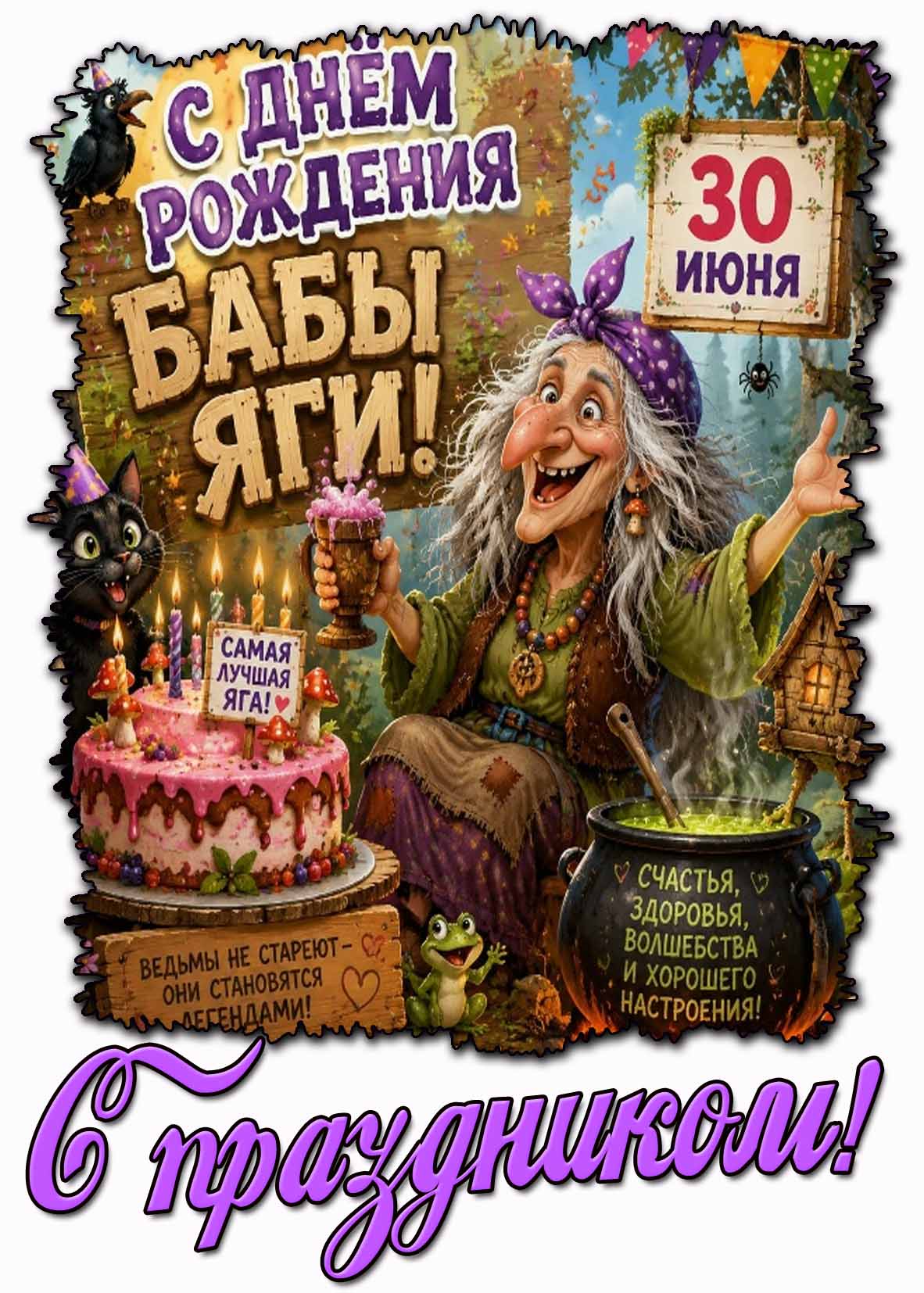 Прикольная картинка "С днём рождения Бабы Яги! Ведьмы не стареют - они становятся легендами! С праздником!" - 30 июня