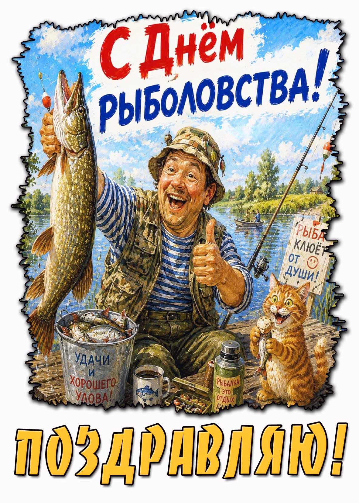 Прикольная картинка "С днём рыболовства! Поздравляю! Удачи и хорошего улова!"
