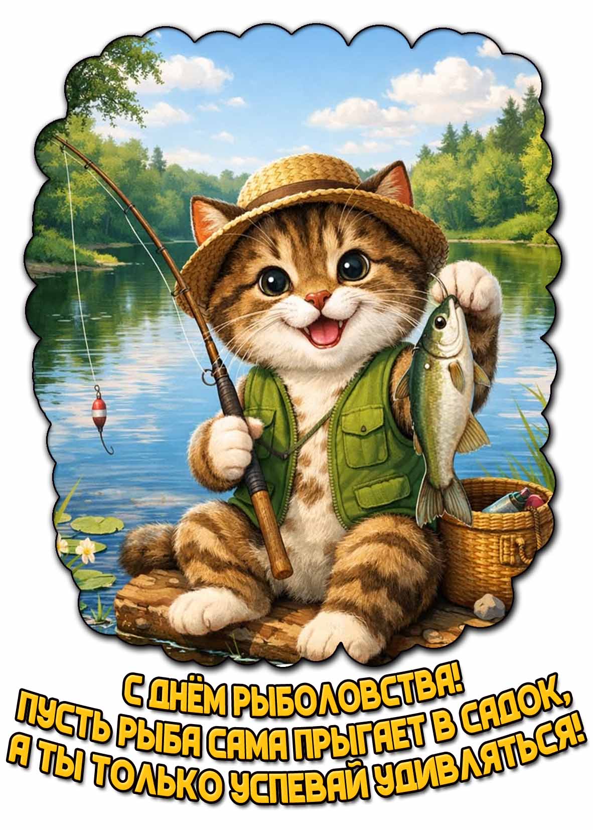 Прикольная картинка "С днём рыболовства! Пусть рыба сама прыгает в садок, а ты только успевай удивляться!"