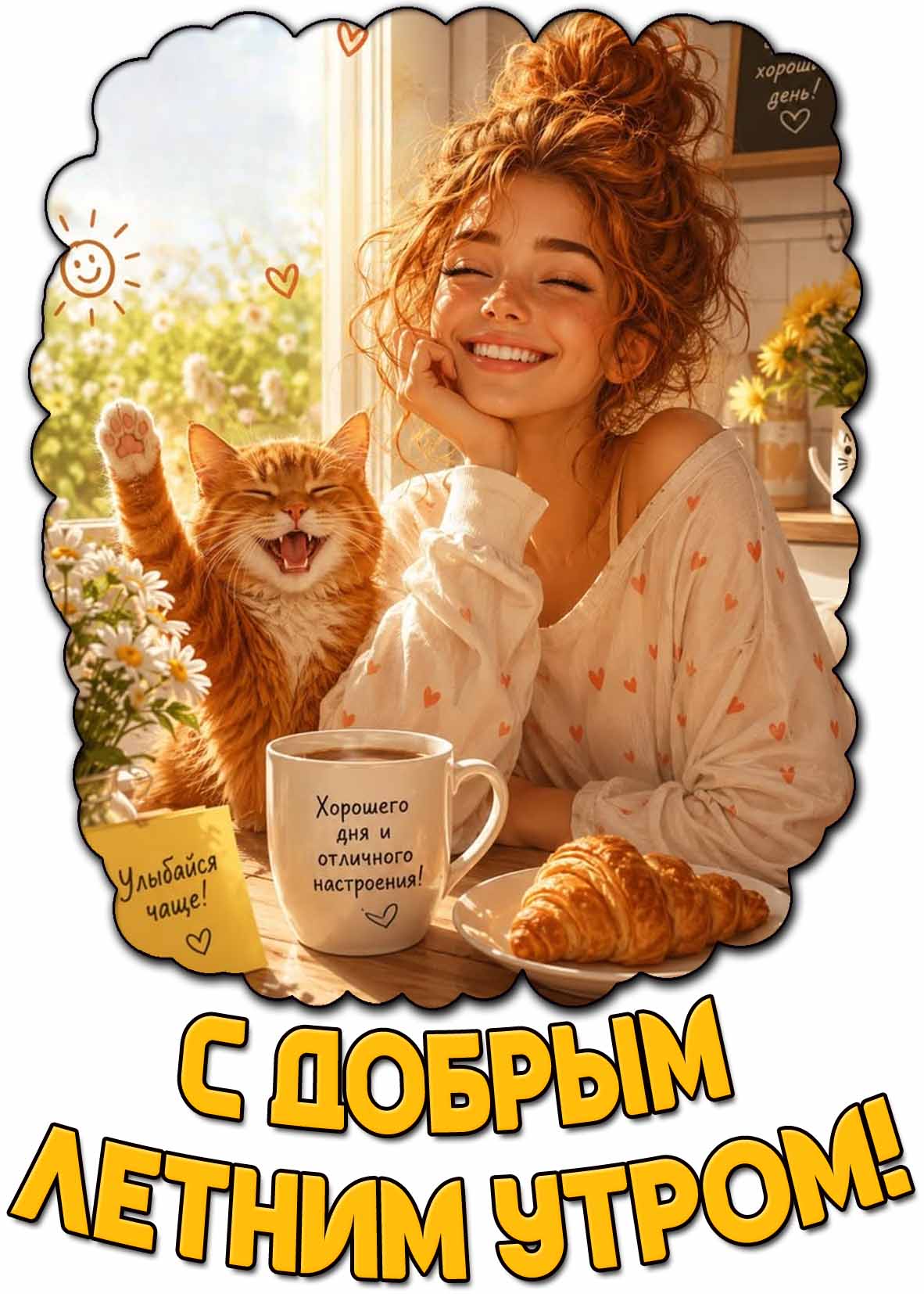 Прикольная картинка "С добрым летним утром! Улыбайся чаще! Хорошего дня и отличного настроения!"