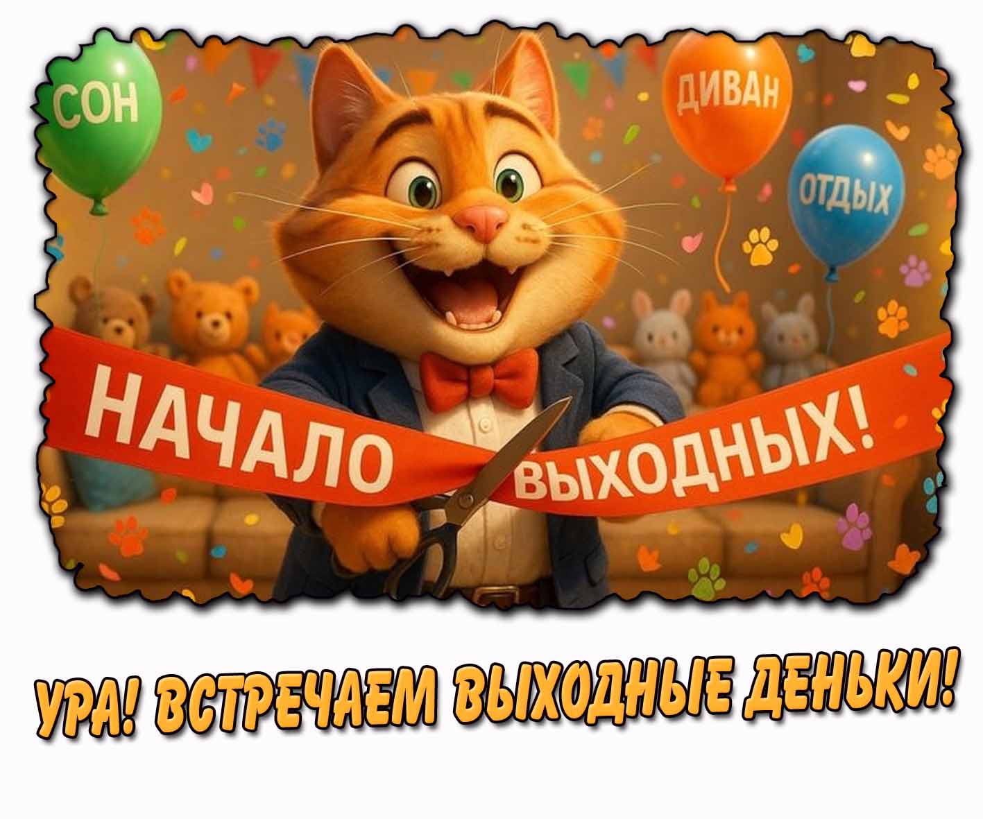 Праздничная картинка с прикольным рыжим котом перерезающим ленточку от начала выходных и надписью : Ура! Встречаем выходные деньки! Сон! Диван! Отдых! Прикольная картинка "Ура! Встречаем выходные деньки! Сон! Диван! Отдых!"