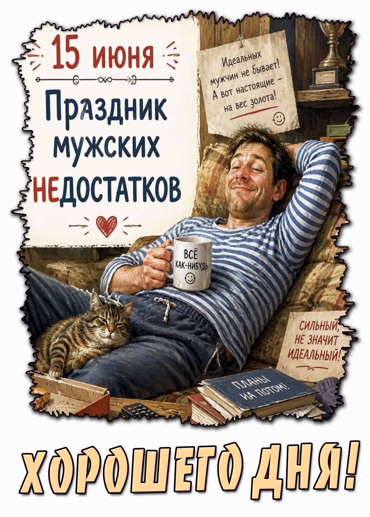 Прикольная открытка "15 июня - праздник мужских недостатков! Хорошего дня!"