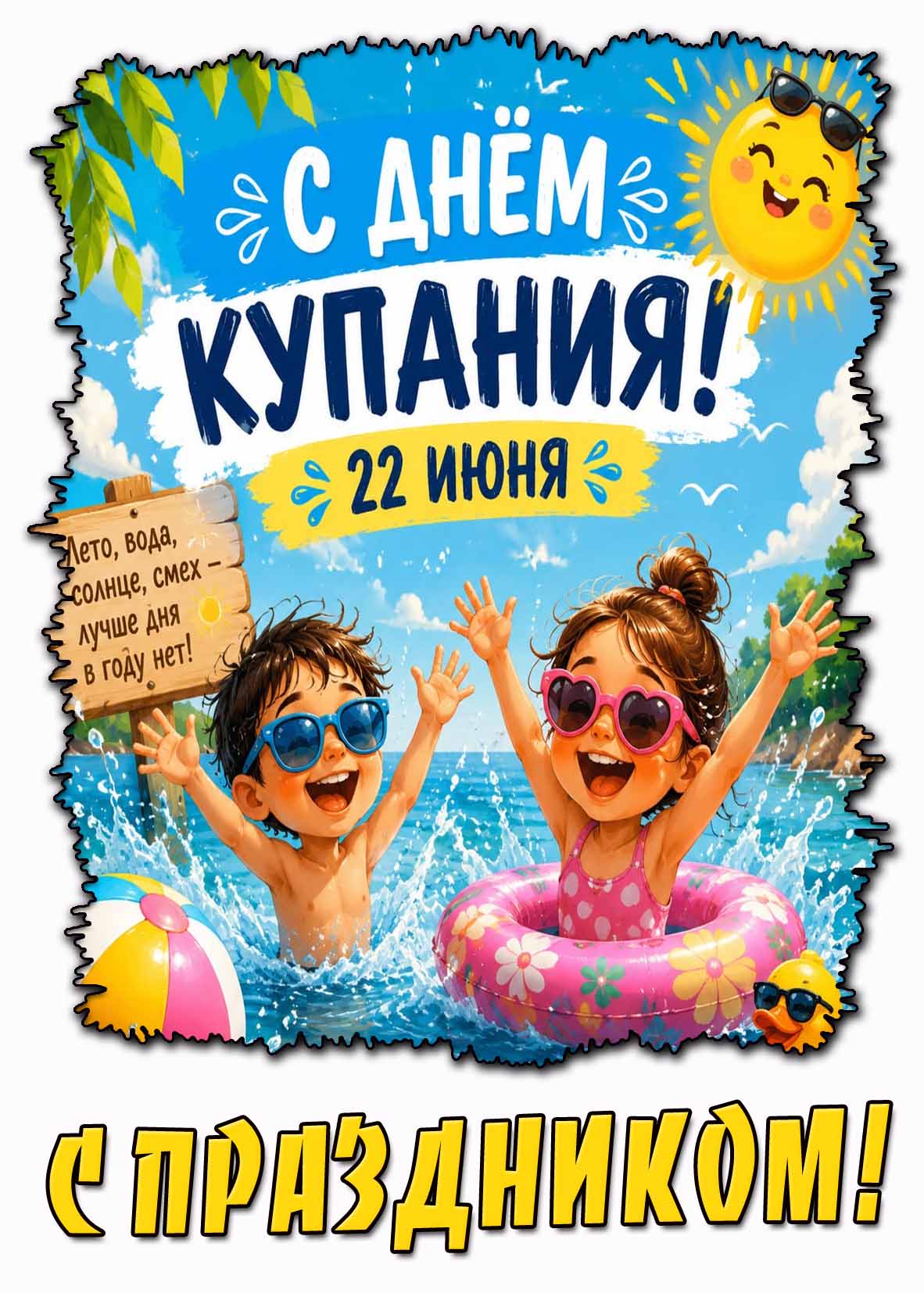 Прикольная открытка "22 июня - с днём купания! Лето, вода, солнце, смех - лучше дня в году нет!"